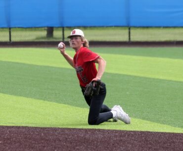 Brookings second baseman Jase Bauer throws the ball to first base during a game against Rapid City Post 320 on Friday morning at Erv Huether Field in Brookings.