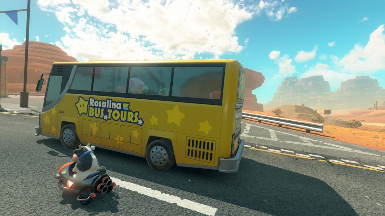 Mario Kart World's free-roam mode features Rosalina's tour bus company and more.