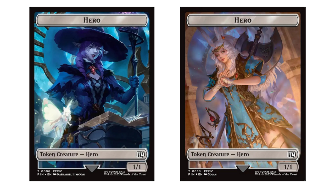 Two versions of Magic: The Gathering's Final Fantasy hero tokens.