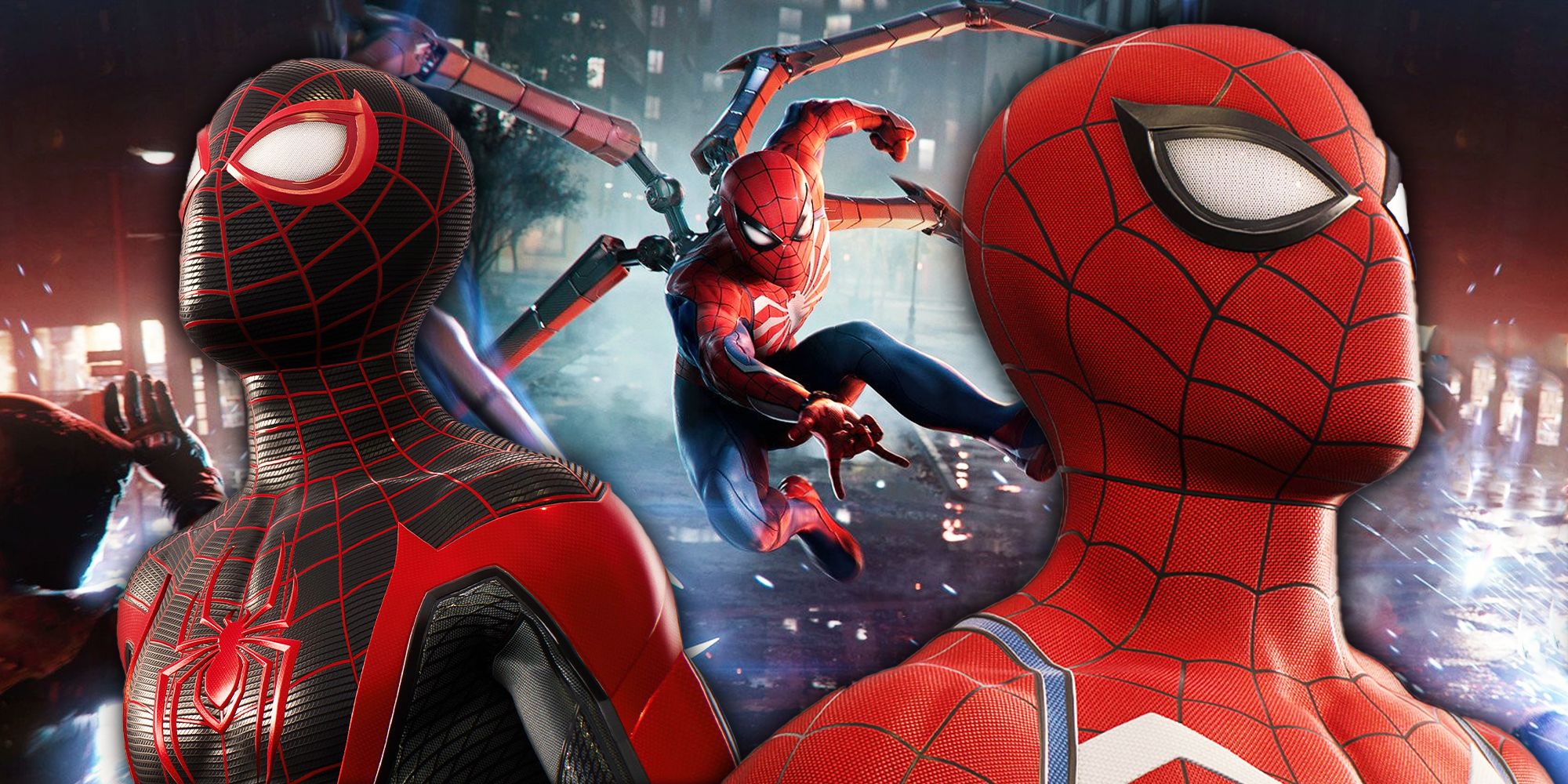 Peter Parker and Miles Morales with another Spidey in the background in Marvel's Spider-Man 2