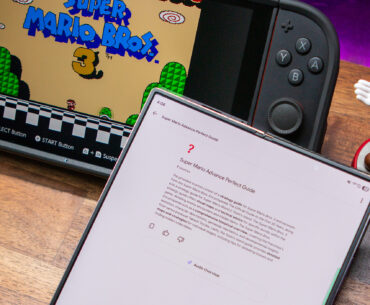 Mario guide within the NotebookLM app on the Galaxy Z Fold 6 with the Nintendo Switch 2 in the background