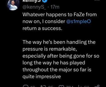 "Whatever happens to FaZe from now on, I consider 
s1mple's 
return a success" - KennyS