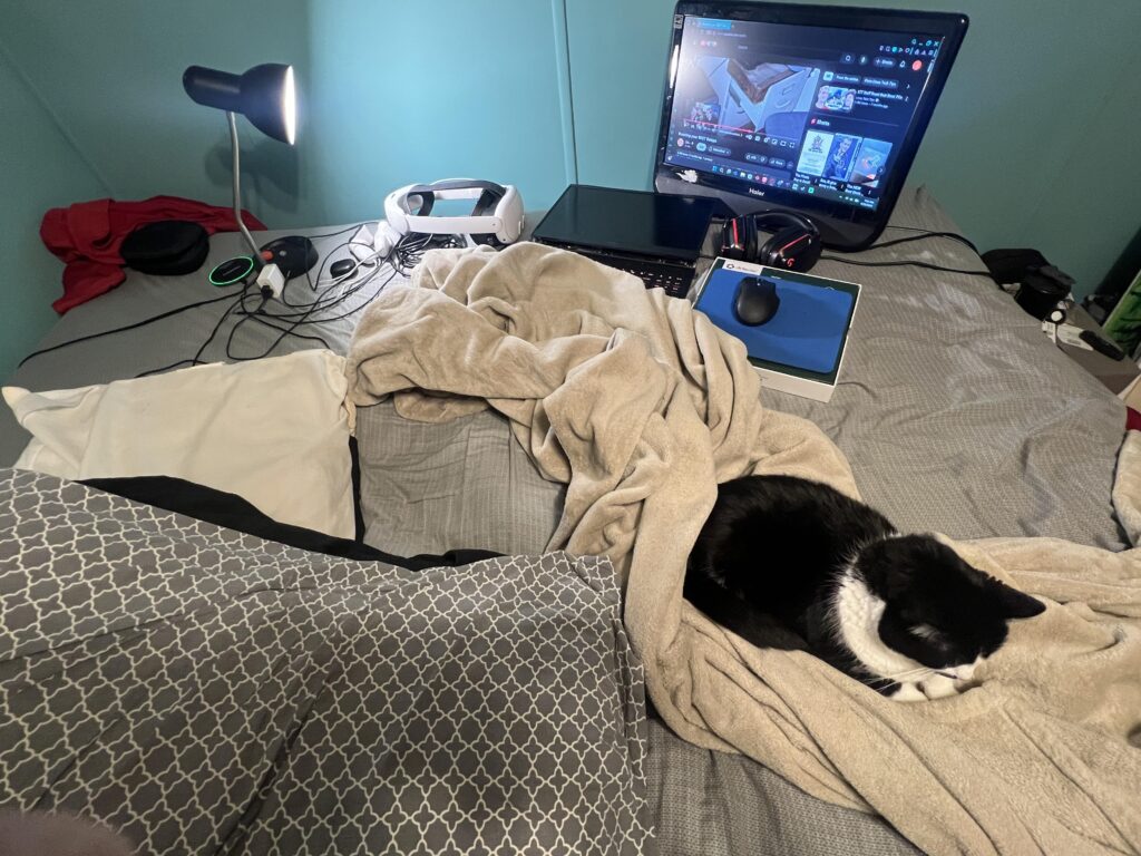 I have hundreds of hours on this setup. $8 monitor from a thrift store… old Logitech 935’s, HP omen 16 w/4070 and broke screen, razer naga hyperspeed v2, and my quest 3! Enjoy :)