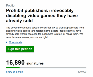 UK petition to ban developers from removing games features post-launch, deadline coming up...