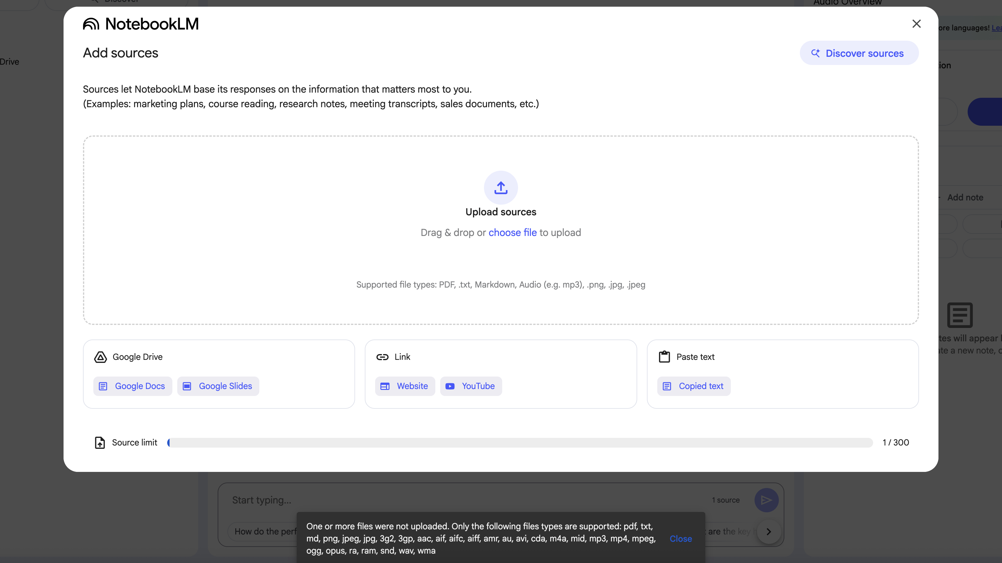 File type error when uploading incompatible source files to NotebookLM