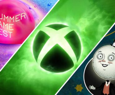 Summer Game Fest logo, Xbox logo, and Moon Man from Outer Worlds 2.