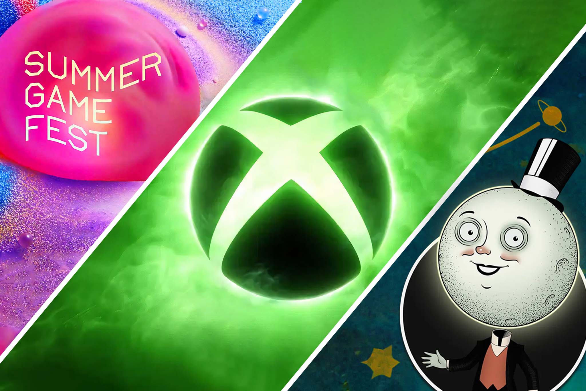 LIVE: Summer Game Fest and Xbox Games Showcase news as it happens Summer Game Fest logo, Xbox logo, and Moon Man from Outer Worlds 2.