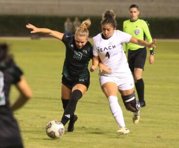 Hawaii's Fabiola Zamora battled Long Beach State's Kassandra Ceja for possession on the Rainbow Wahine's senior night at Waipio Peninsula Soccer Stadium on Oct. 31. UH will again play all of its home matches at WPSS in 2025 as its on-campus facility is not yet ready for games.