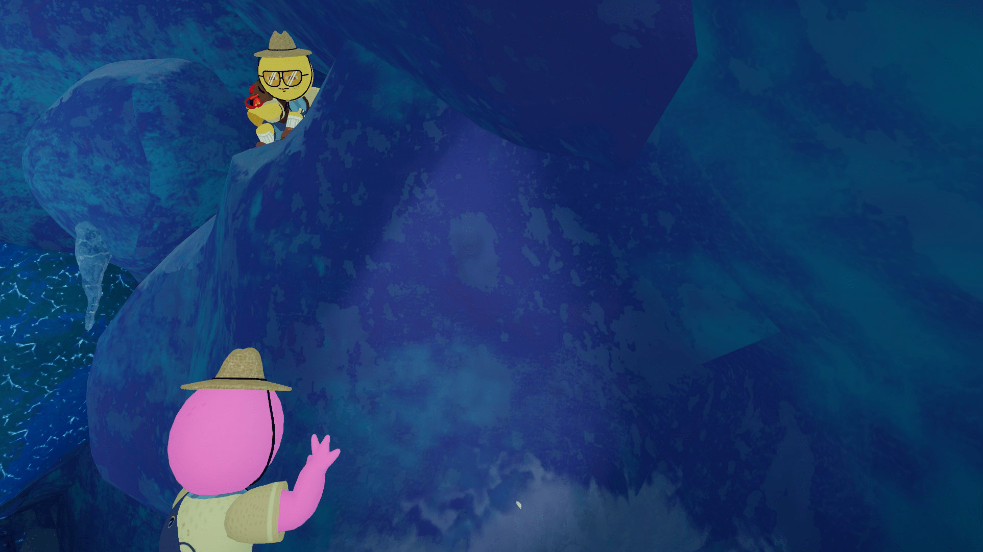 A yellow person with sunglasses and a hat holding out their hand to assist a pink person in Peak.