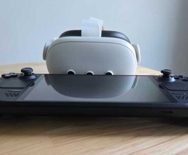 Meta Quest 3 VR headset and Steam Deck on table