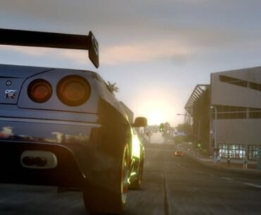 A Nissan GT-R racing through Los Angeles in a cinematic trailer for 'Midnight Club: Los Angeles'