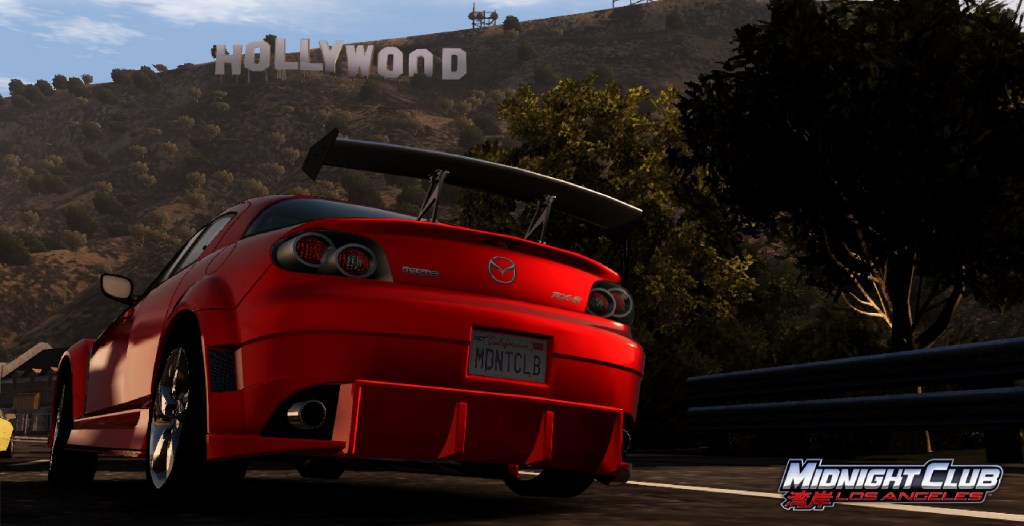 An image of a Mazda parked in front of the Hollywood sign in Midnight Club Los Angeles