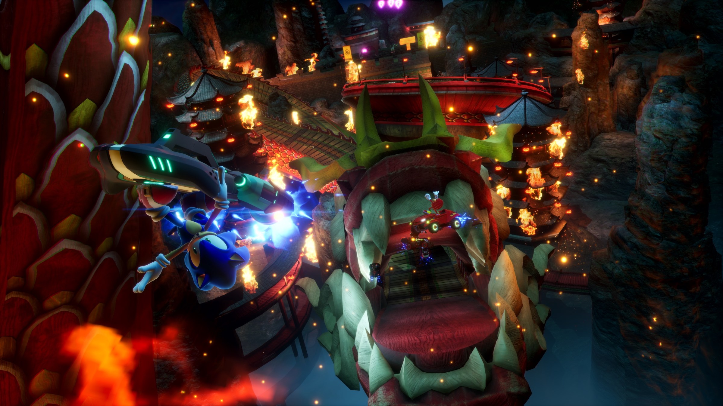Sonic hitting a ramp with a hoverboard in Sonic Racing Crossworlds
