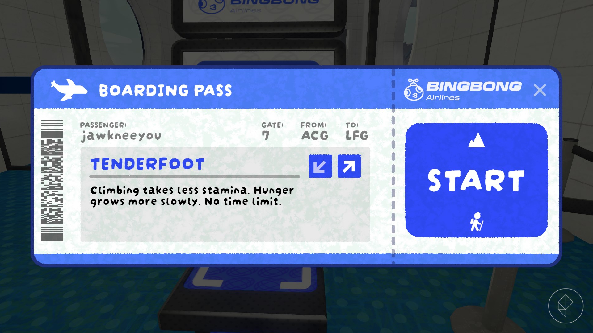 A boarding pass for Bing Bong airlines in Peak that shows the game’s difficulty.