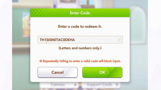 Umamusume-pretty-derby-codes-2-pcgamesn The Umamusume Pretty Derby code redeem box with a fake code entered.