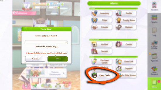 Umamusume-pretty-derby-codes-redeem-steps-pcgamesn The enter code button.