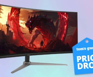 Acer Nitro ED340CU Gaming Monitor on colored background with dragon graphic on display with Tom's Guide Price Drop badge