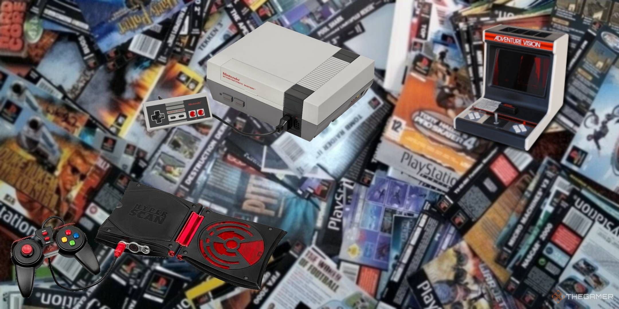 A series of consoles laid on top of a blurred background of games.