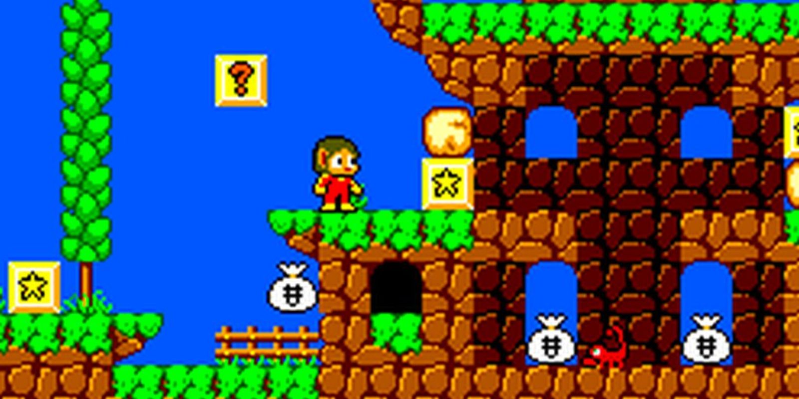 Alex Kidd in Miracle World in a stage with money bags scattered around.