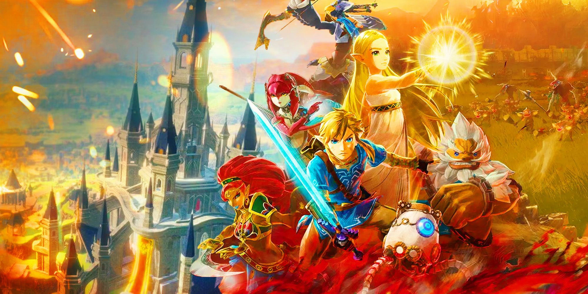 The key art from Age of Calamity featuring Link, Zelda, and the four champions next to Hyrule castle.