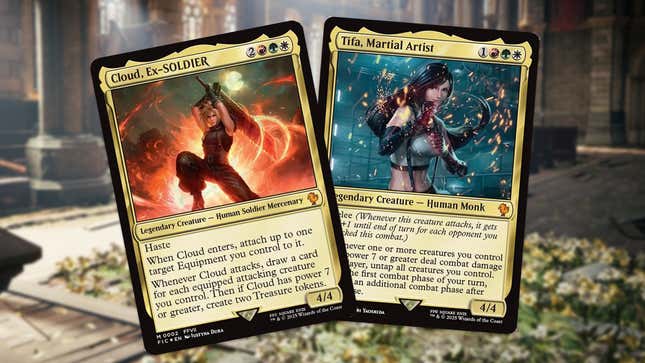 Two cards from Cloud and Tifa sit above a blurred background from Final Fantasy VII Remake.