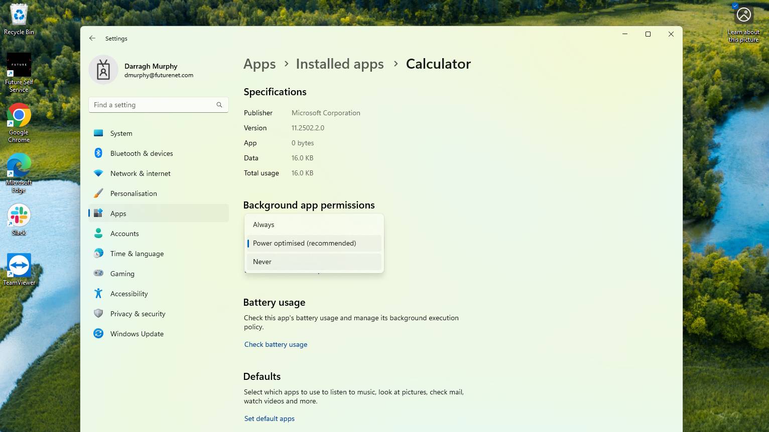 Screenshot of Windows 11 Settings app showing Background app permissions dropdown menu