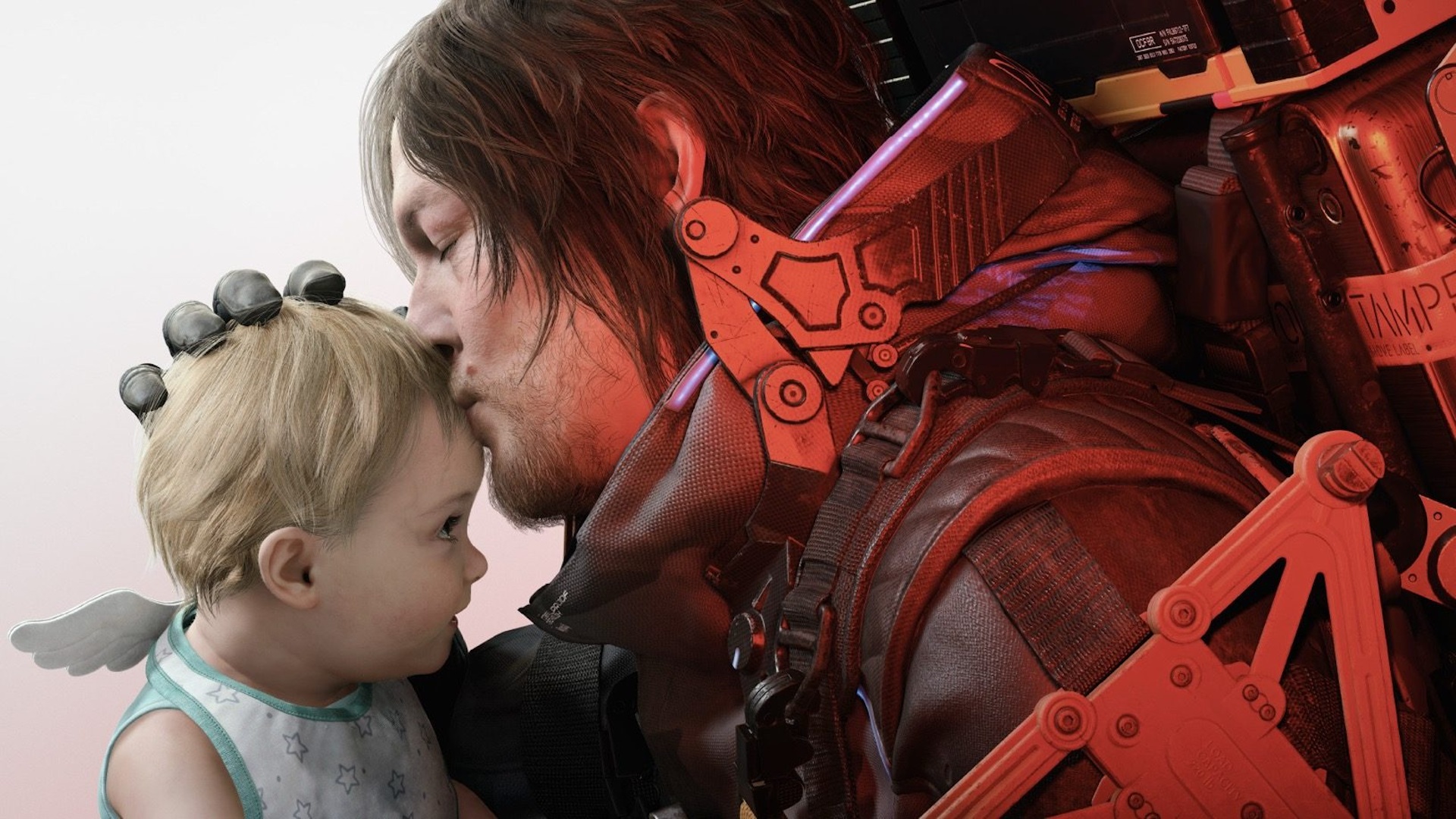 A man wearing a futuristic body suit kisses a small baby in Death Stranding 2