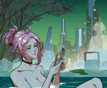 [OC] Onsen bath. Cyberpunk city backdrop.