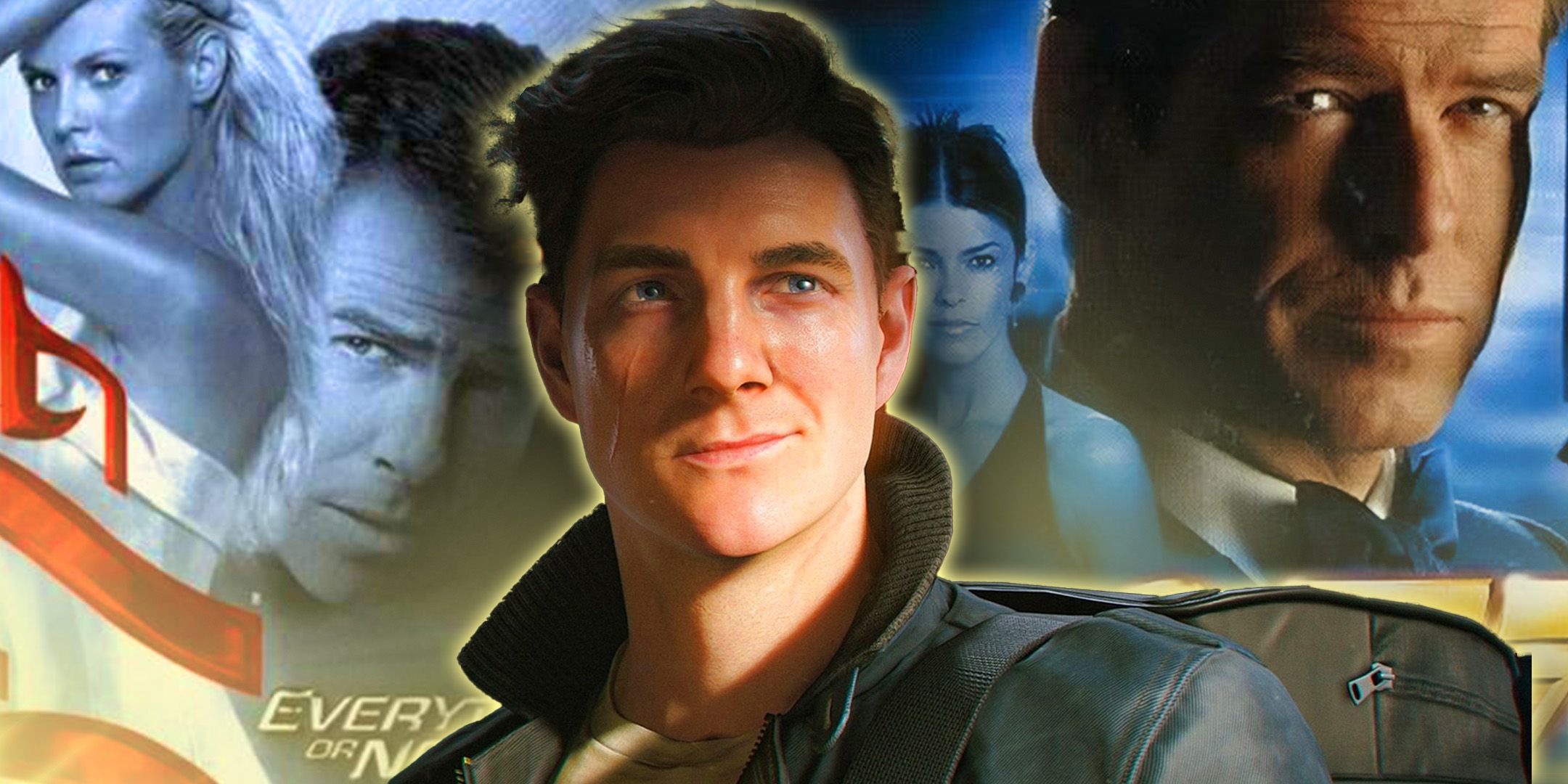 James Bond 007 smiling next to old game covers