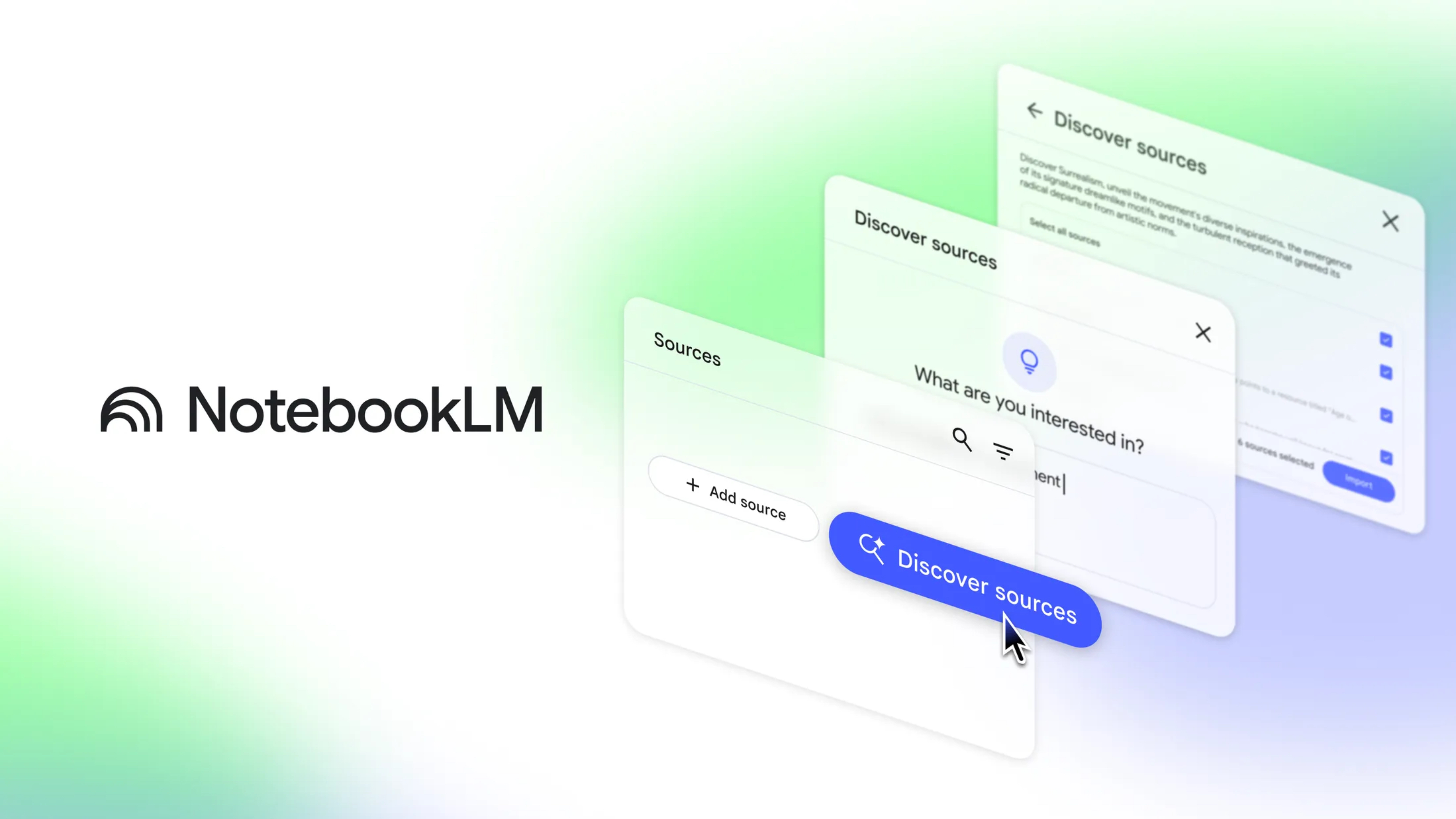 A promotional image for the Discover sources feature in NotebookLM.