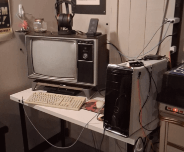 A decade old computer (just bought it) hooked up to a fifty year old TV I use as a monitor