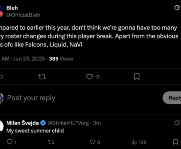 Striker's response to Bleh saying "don't think we're gonna have too many crazy roster changes during this player break. Apart from the obvious ones like Falcons, Liquid, NAVI"