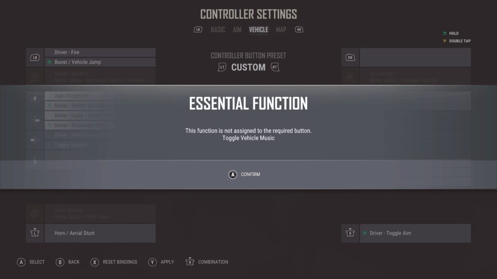Can't update custom settings. Toggle Vehicle Music can't be assigned.