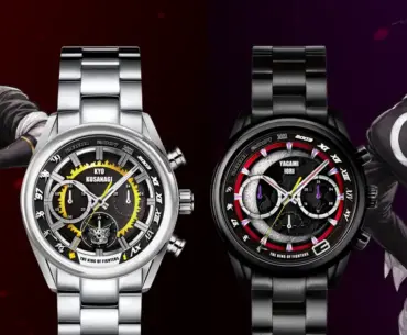 Glorious wristwatches based on King of Fighters characters Kyo Kusanagi and Iori Yagami shown, though they'll cost you a pretty sum