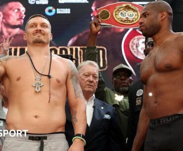Frank Warren gets between Oleksandr Usyk and Daniel Dubois as the two face off