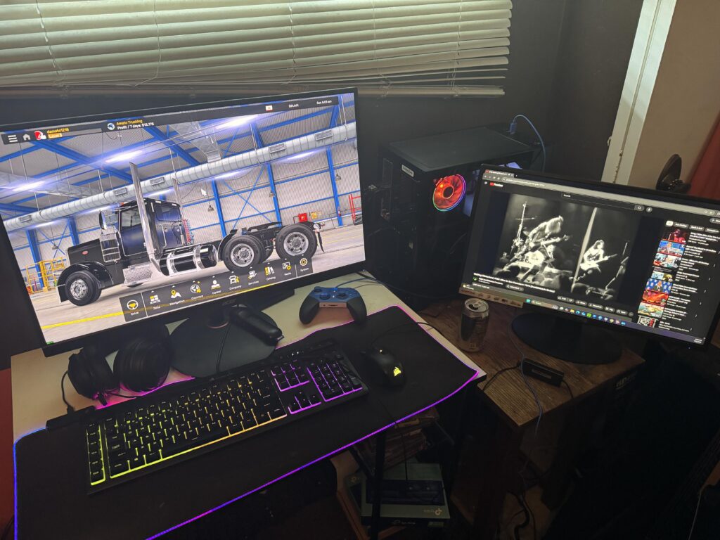 The “it’ll do” old desk + side table setup