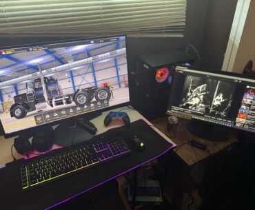 The “it’ll do” old desk + side table setup