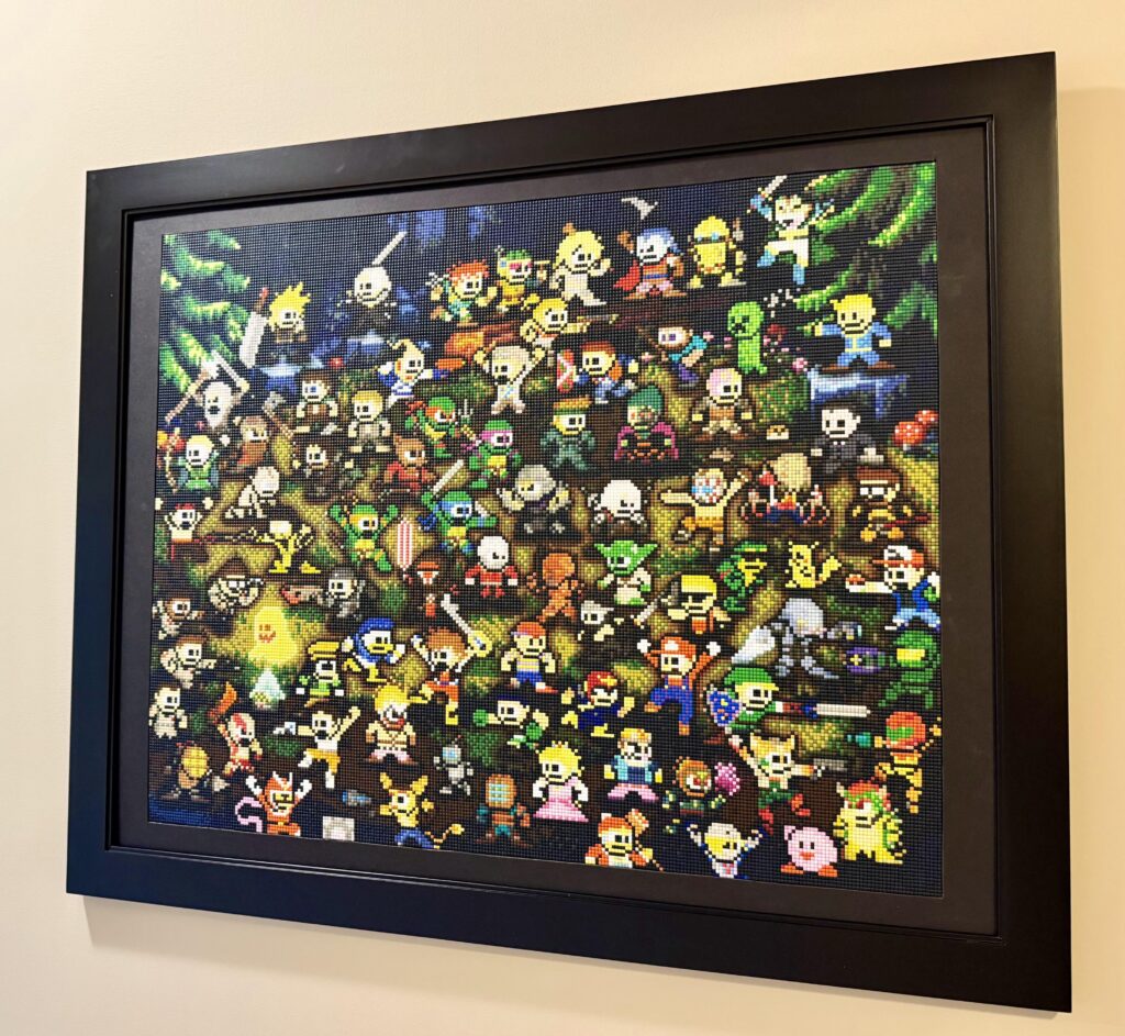 I finally finished my pixel art video game character mural, tens of thousands of hand-placed beads for my favorite video game (Or video game related) characters of all time.