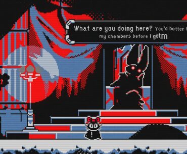 A screenshot from Everdeep Aurora showing the cat protagonist in the chambers of a regal rabbit