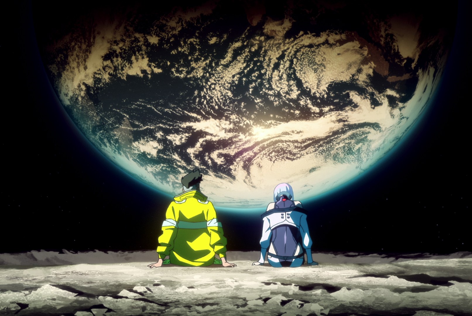 Two characters of Cyberpunk: Edgerunners sitting on the moon looking at the Earth rising