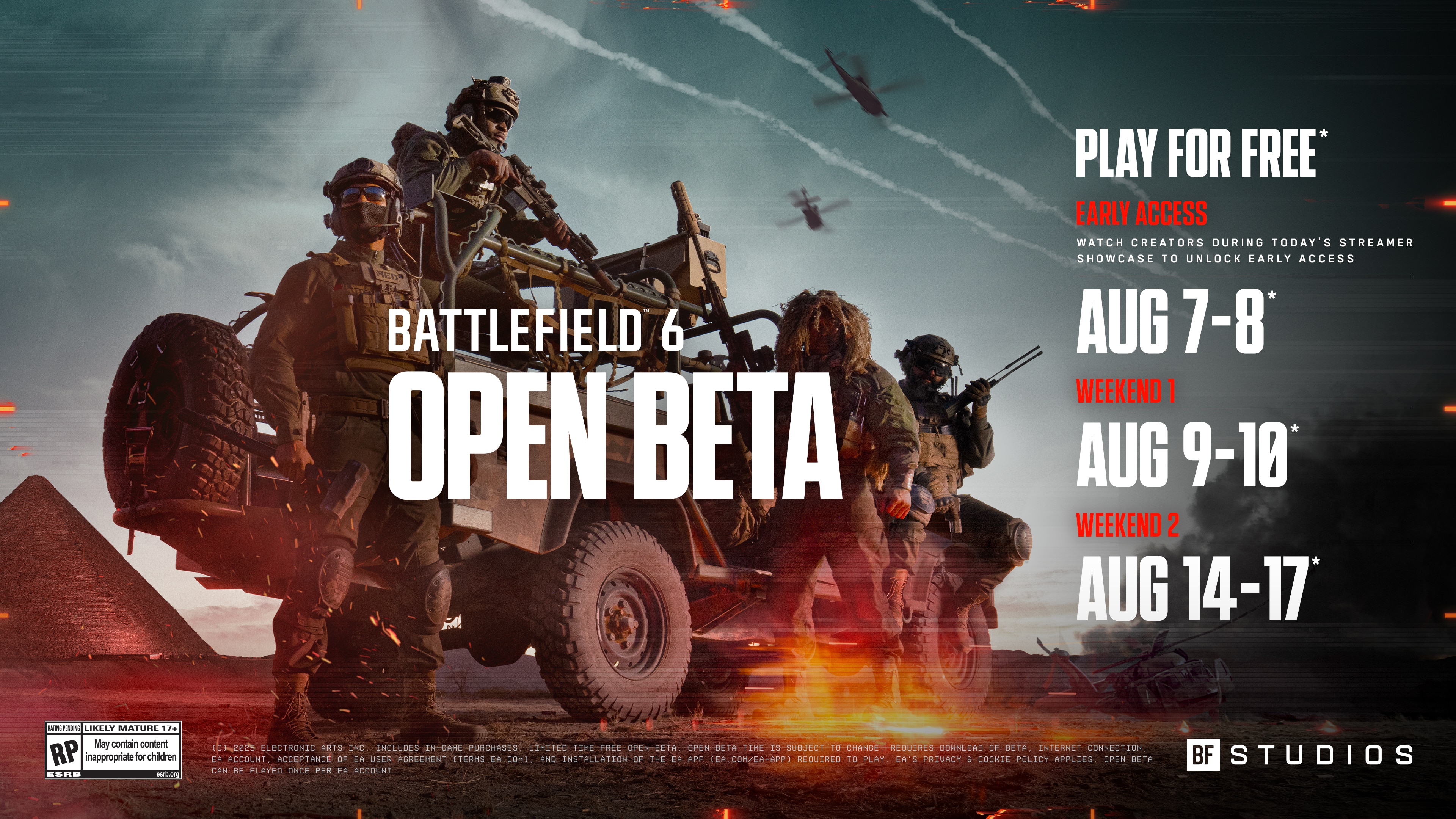 Battlefield 6 Open Beta infographic: Soldiers on a vehicle in the background. Key dates: Early Access Aug 7-8, Weekend 1 Aug 9-10, Weekend 2 Aug 14-17.