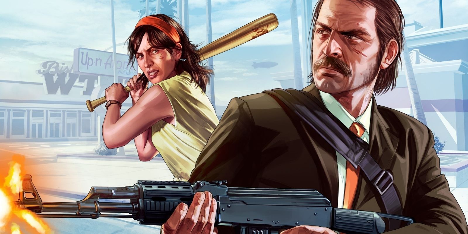Images of a man firing an AK47 and a woman attacking with baseball bat are superimposed in front of a background from GTA V online.