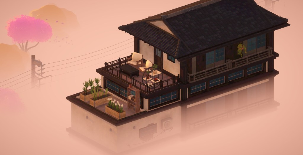 A Japanese landscape in High Above, a game about creating rooftop spaces