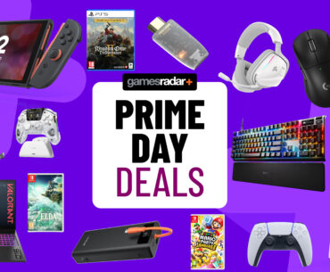 Amazon Prime Day badge surrounded by PS5, Xbox, Nintendo Switch, and PC accessories on a purple background