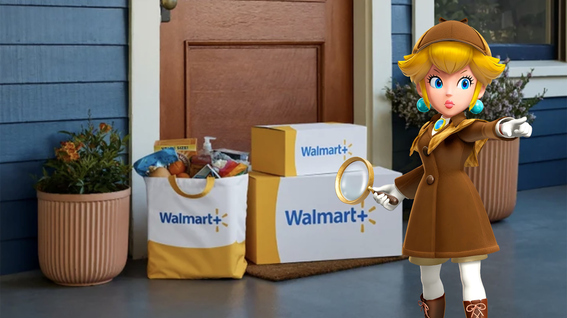 Walmart Plus delivery by a front door with Princess Peach in the foreground