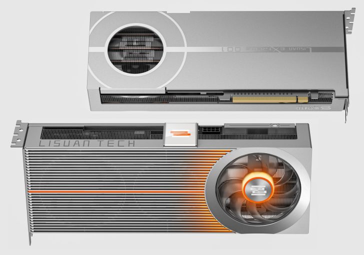 Futuristic graphics card design by Lisuan Tech with unique cooling system and high performance.