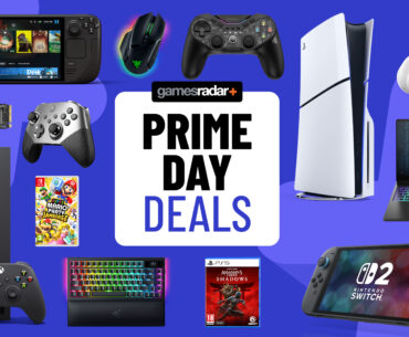 Gaming consoles and accessories on a blue background with Amazon Prime Day badge