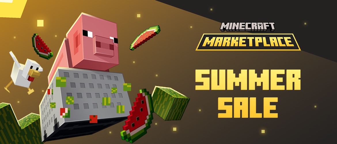 Summer Sale 2026 | Minecraft Pig on a block flying against a black and golden background, vegetables and fruits are flying around the pig
