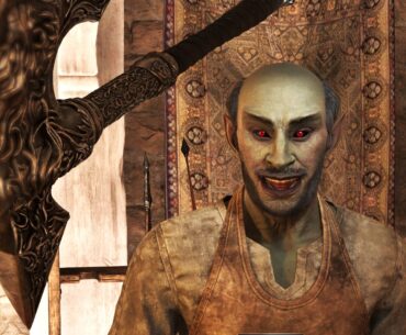 Dark Elf smiling at camera who looks like he's about to get hit by an axe