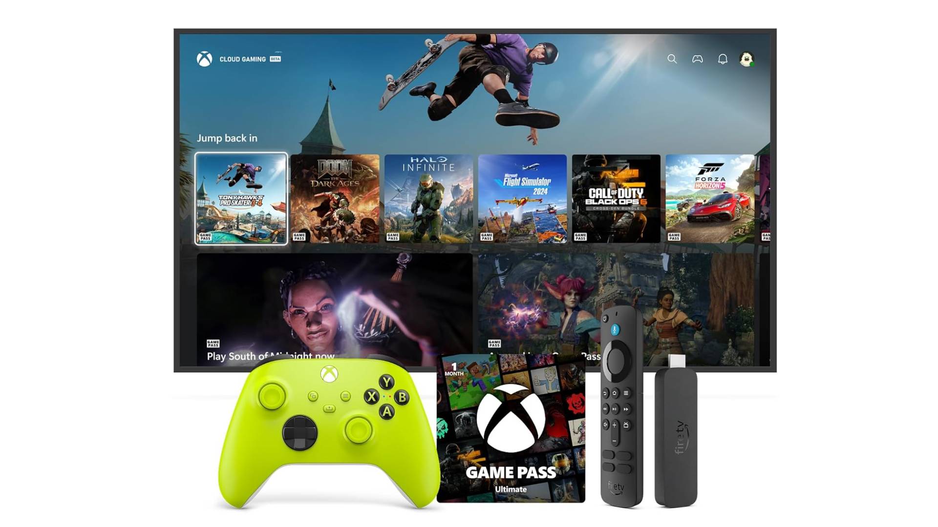 TV with Xbox controller, Game Pass card, and Fire TV stick in front.